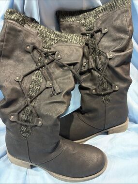 Muk Luks Black Knit-Trim Tassel Riding Boots
